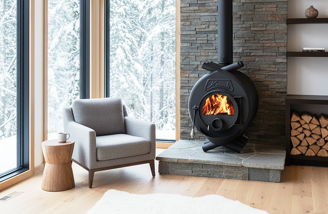 Kamna Kanuk v rustikálním interiéru chalupy s dřevěnými trámy, symbolizující rychlé vytápění rekreačních objektů.