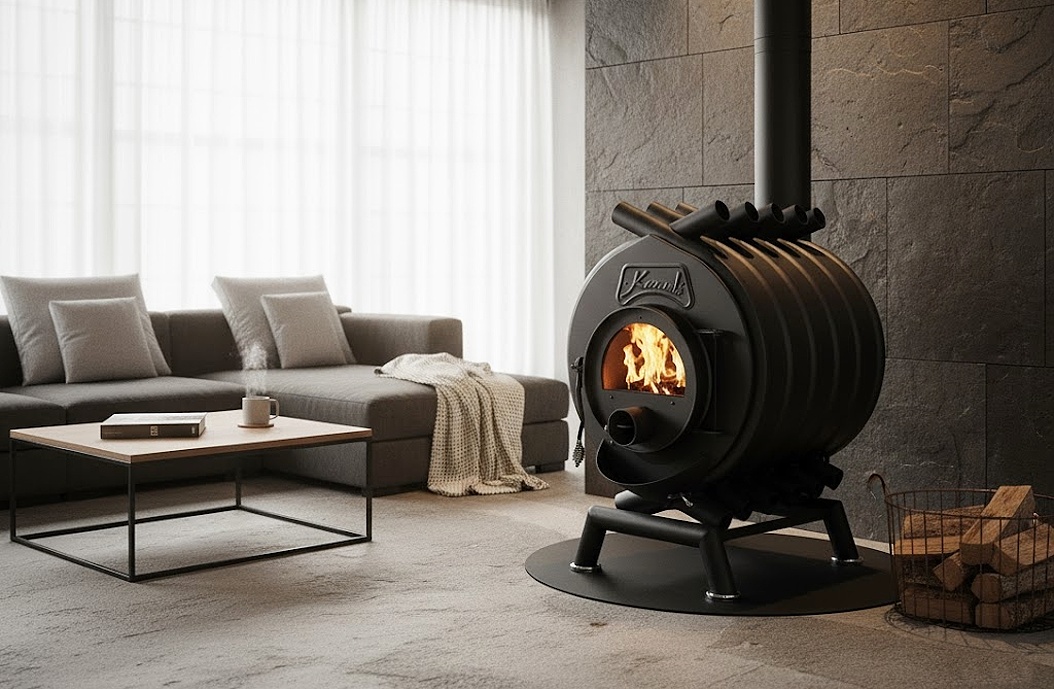 Stylová kamna Kanuk s bočním opláštěním v moderním interiéru rodinného domu, zdůrazňující designový potenciál.