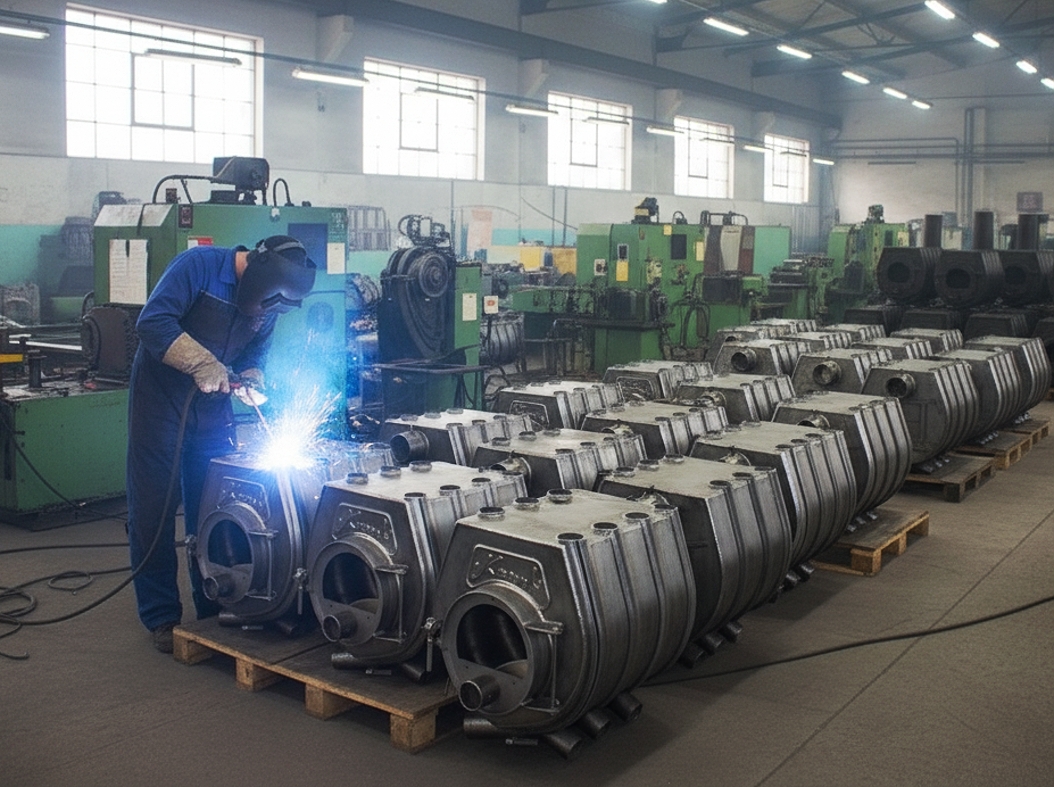 Pohled do výrobní haly společnosti KOVOTHERM v Sedlčanech, kde se vyrábí teplovzdušná kamna Kanuk.